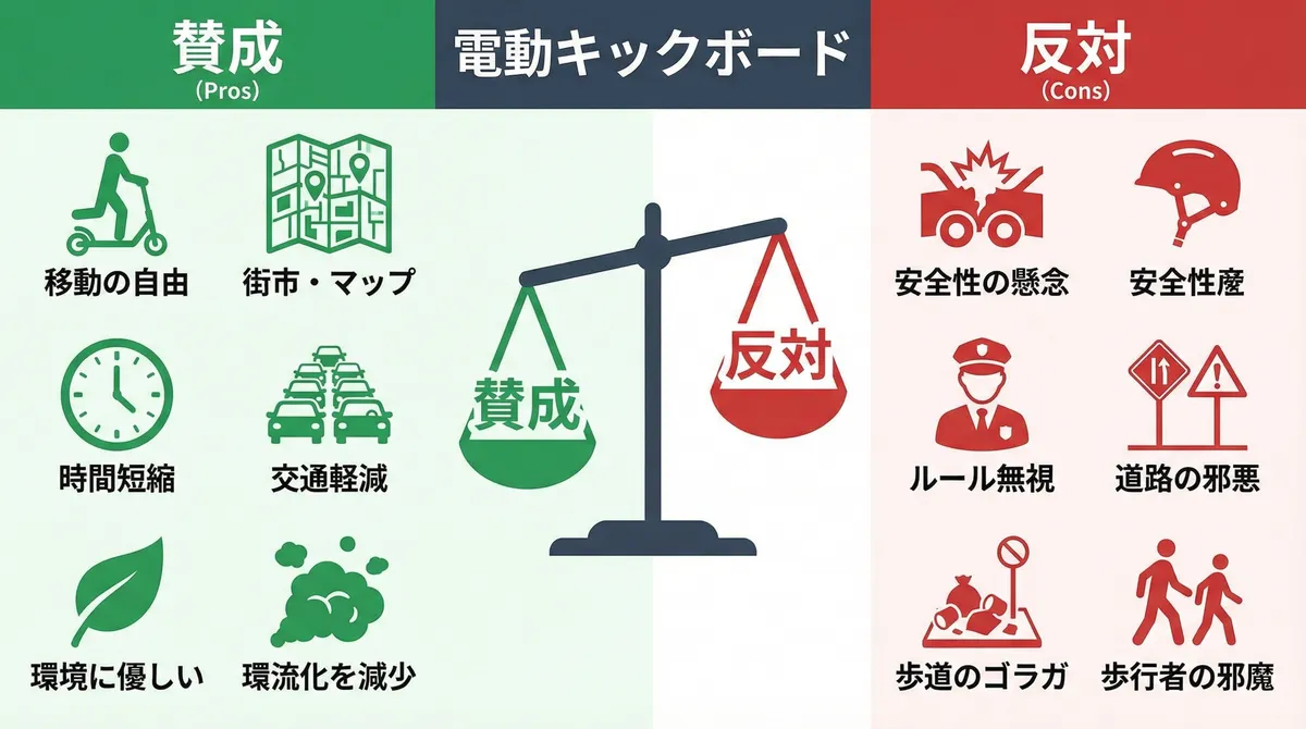 電動キックボードの賛成・反対を比較した天秤インフォグラフィック|移動の自由・環境配慮vs安全性懸念・ルール無視