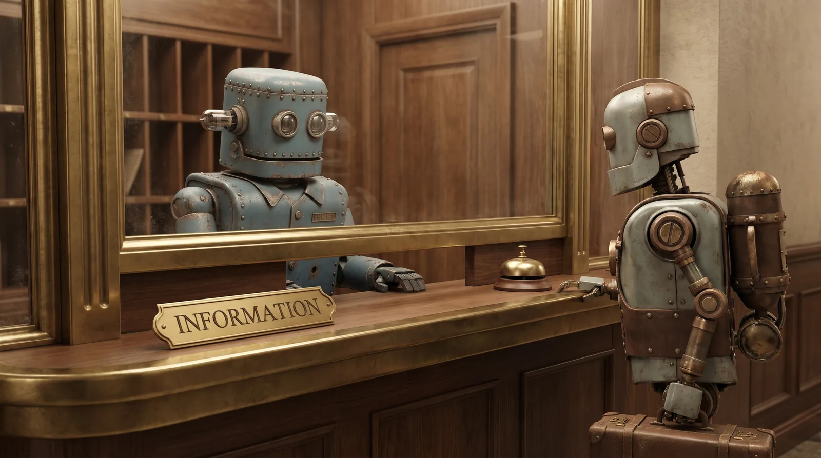 無人のINFORMATION窓口でロボット同士が応対するイメージ。MCPでは問い合わせも回答も機械同士で完結する