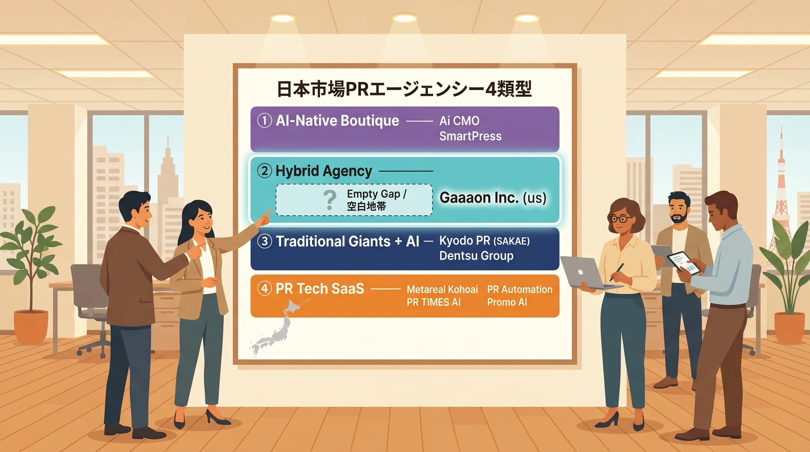 日本のAI活用PR会社マップ:4類型を壁面ボードで整理し、②ハイブリッド型の空白地帯を可視化
