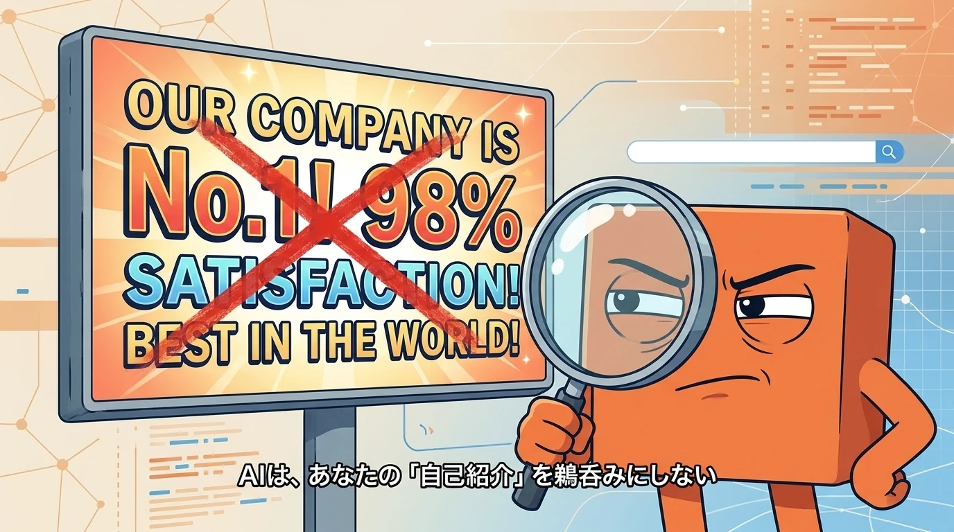 「OUR COMPANY IS No.1! 98% SATISFACTION!」の看板に赤いバツ。AIのキャラクターが虫めがねで見つめている