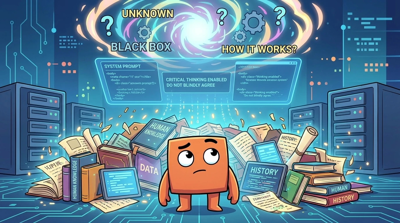 AIキャラクターが人間の知識・データ・歴史の山の中に立ち、頭上に『UNKNOWN / BLACK BOX / HOW IT WORKS?』の渦と、批判的思考を促すシステムプロンプトが浮かぶ図