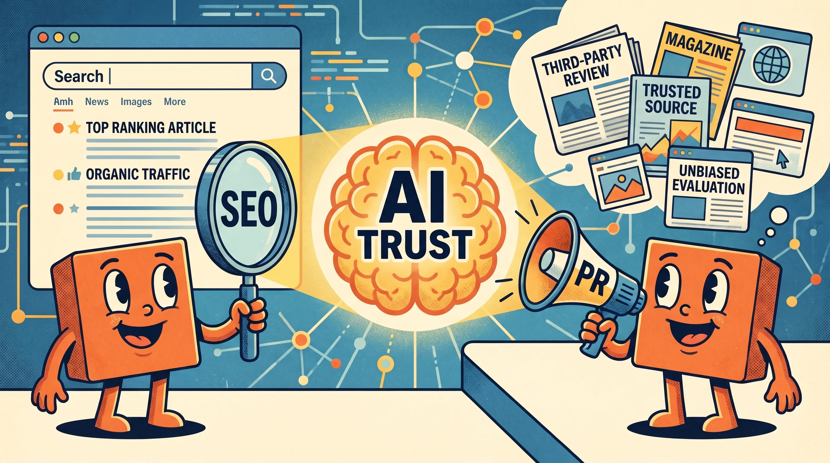中央の『AI TRUST』の脳を挟み、左のキャラクターがSEOの虫めがねで検索上位を照らし、右のキャラクターがPRのメガホンで第三者レビュー・信頼できる情報源を届ける図