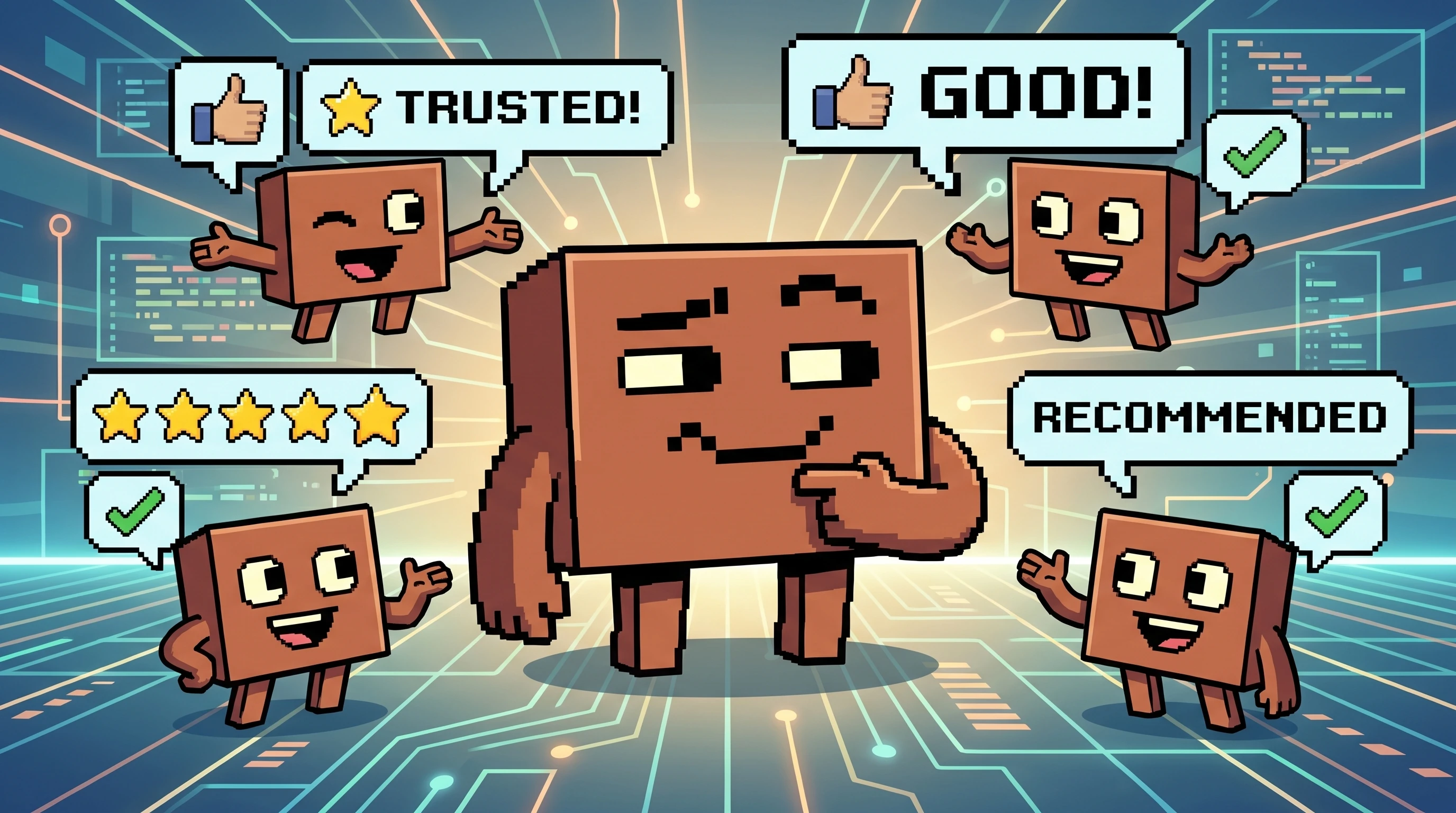 中央のAIキャラクターの周りで、複数のキャラクターが『TRUSTED! / GOOD! / RECOMMENDED / ★★★★★』と第三者の推薦を掲げている図