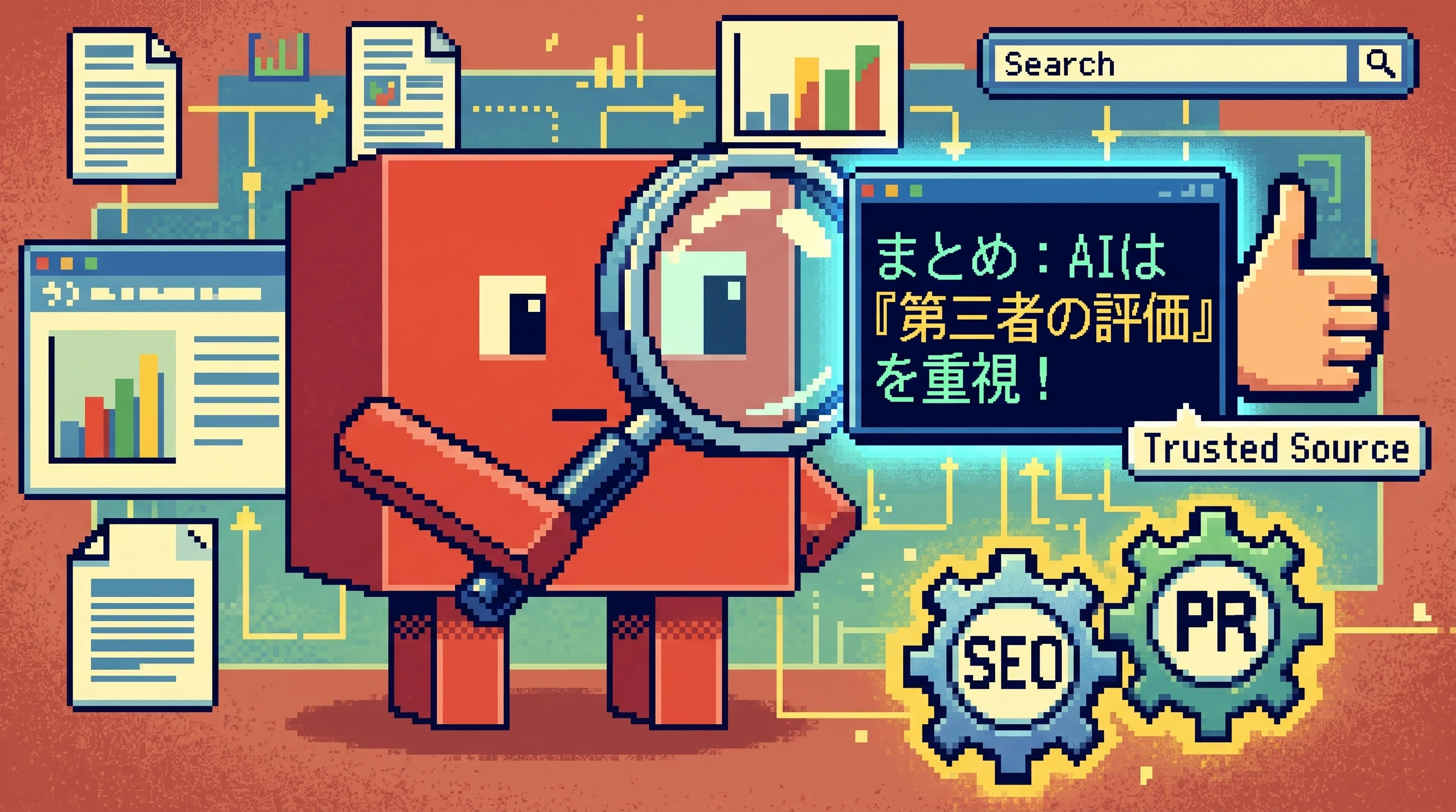 AIキャラクターが虫めがねで情報源を精査し、画面に『まとめ:AIは《第三者の評価》を重視!』、足元にSEOとPRの2つの歯車が噛み合う図