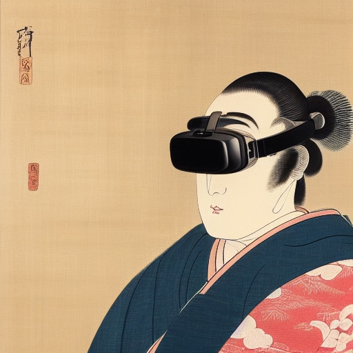 江戸時代の浮世絵風の人物がVRゴーグルを装着している、AI生成アート