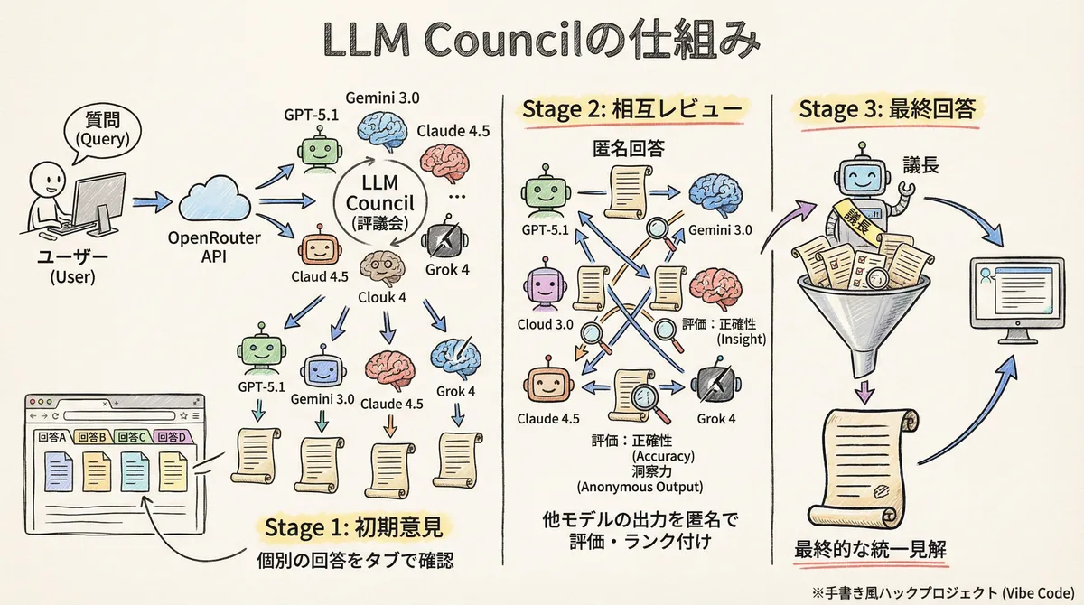 LLM Councilの仕組み。ユーザーの質問がOpenRouter APIで複数のLLMに送信され、Stage1で初期意見、Stage2で相互レビュー、Stage3で最終回答が生成される流れ