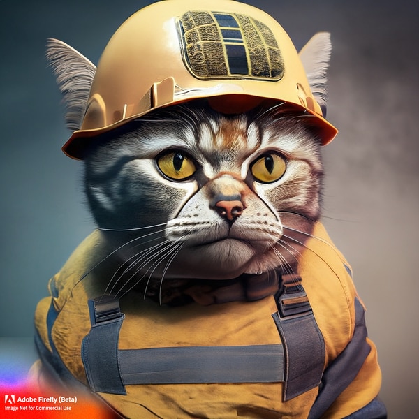 防災ヘルメットとイエローベストを装着した猫のイラスト。Adobe Fireflyで生成された3DCGキャラクター