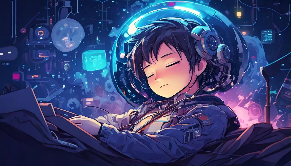 サイバーパンク風のAIが眠りながらヘッドフォンを装着し、背後にデジタルインターフェースが光る未来のニュース消費イメージ