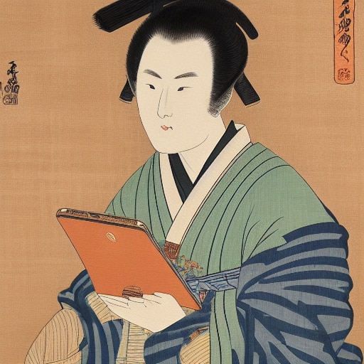 江戸時代の浮世絵風の男性が赤いタブレットを持つAI生成アート作品