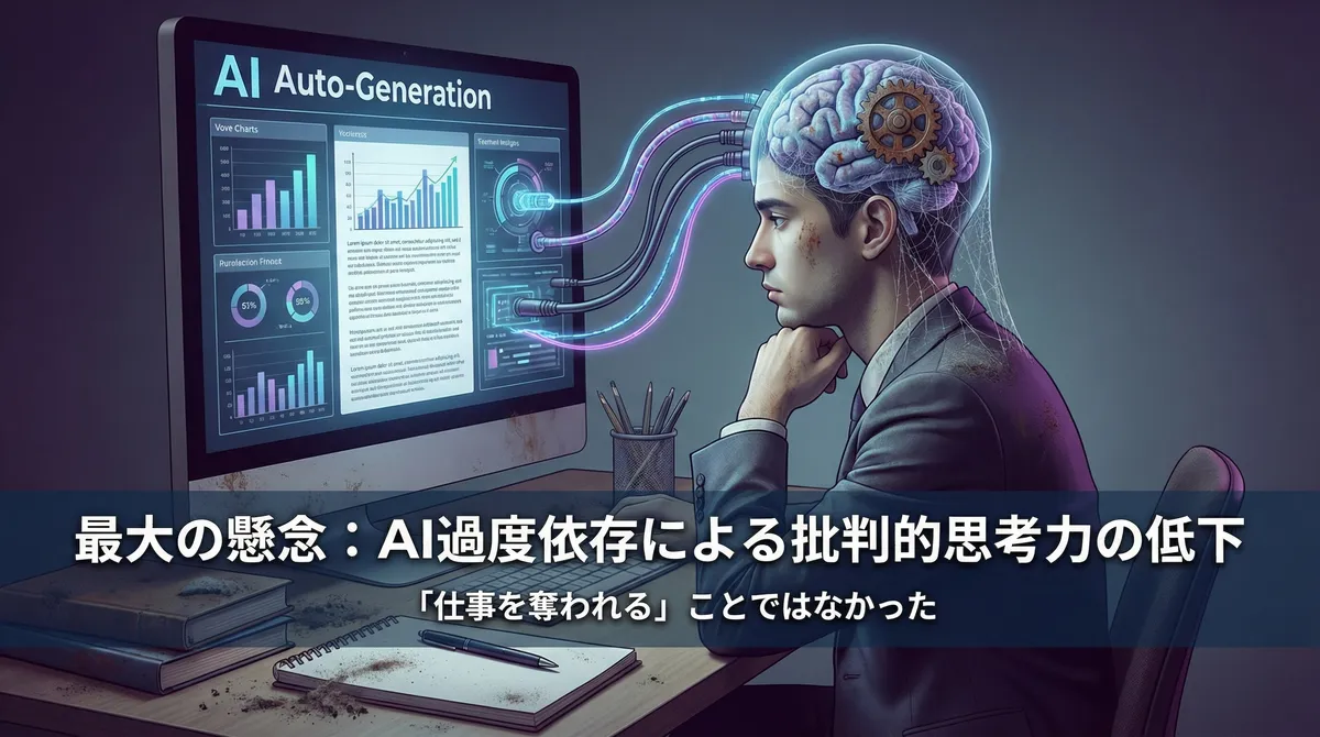 AI自動生成ダッシュボードを見つめるビジネスパーソン、脳に歯車のイラスト、批判的思考力低下への懸念を表現