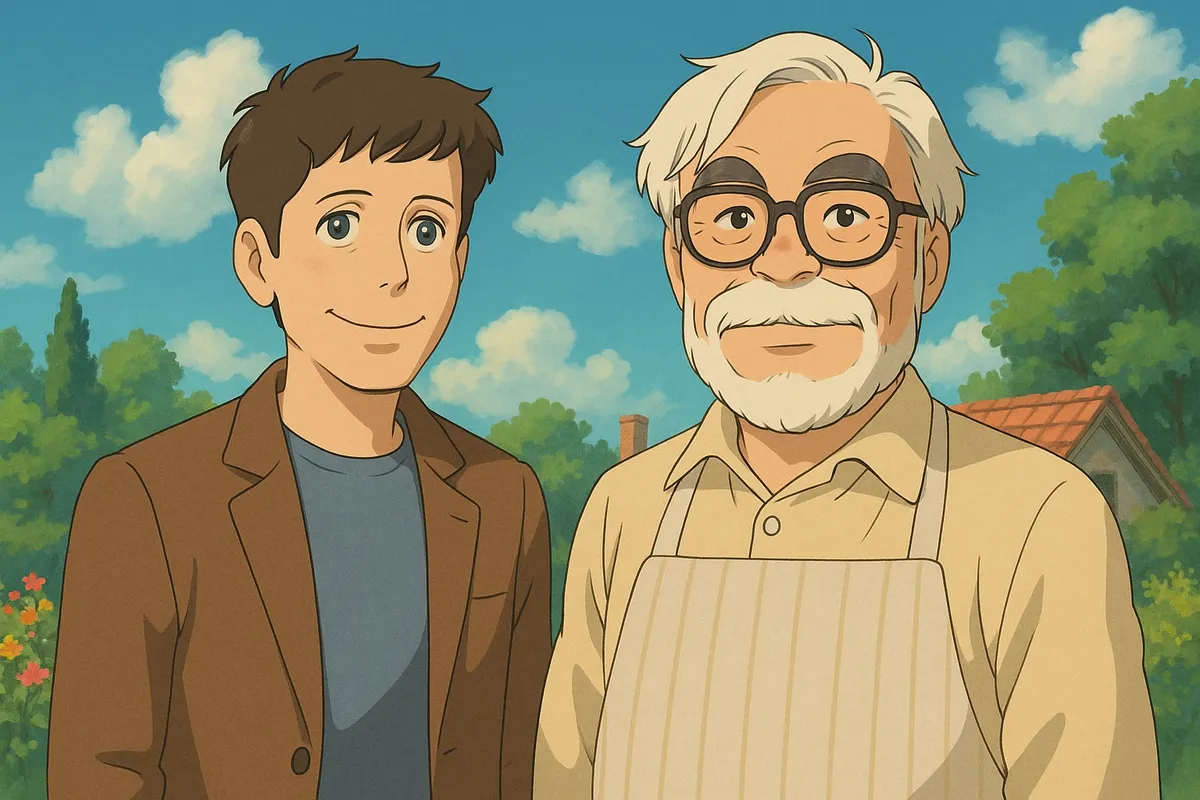 生成AIと著作権をテーマにした記事のアイキャッチとして、若い男性と高齢の男性が庭で向き合っている挿絵。