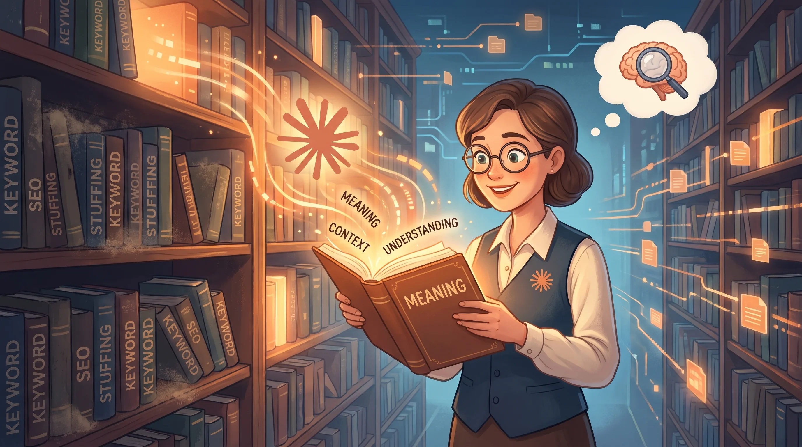図書館の司書が、本のタイトル(キーワード)ではなく中身の「意味」で本を選ぶ図。キーワードやSEOの詰め込みの棚は暗く、MEANING(意味)の本が光る