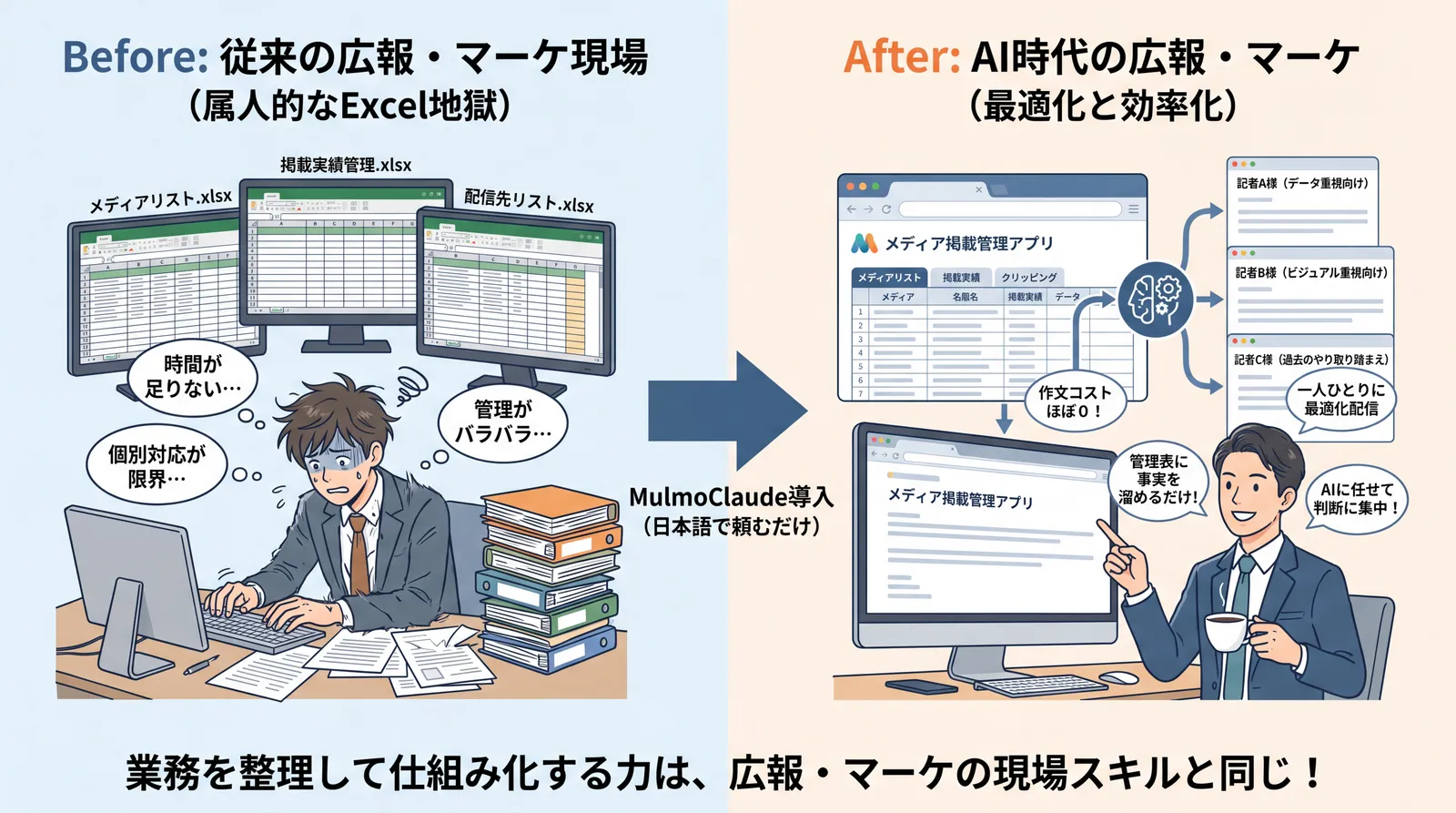 広報・マーケ業務でMulmoClaudeを活かすイメージ図