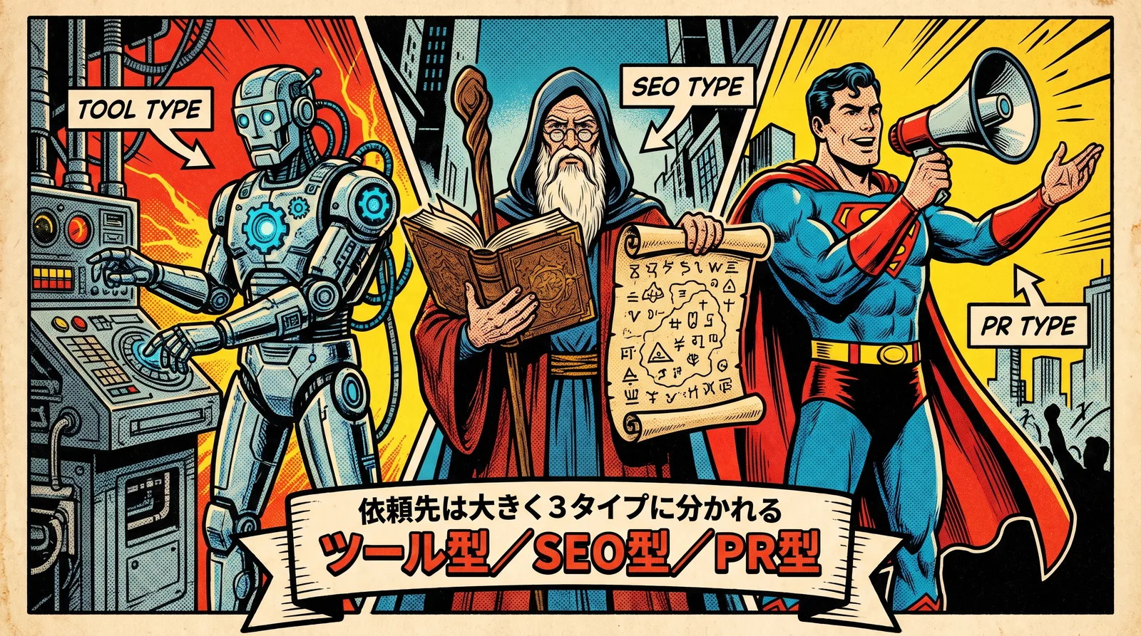 LLMO対策を頼める3タイプ(ツール型・SEO会社発・PR会社発)の違いを整理した図
